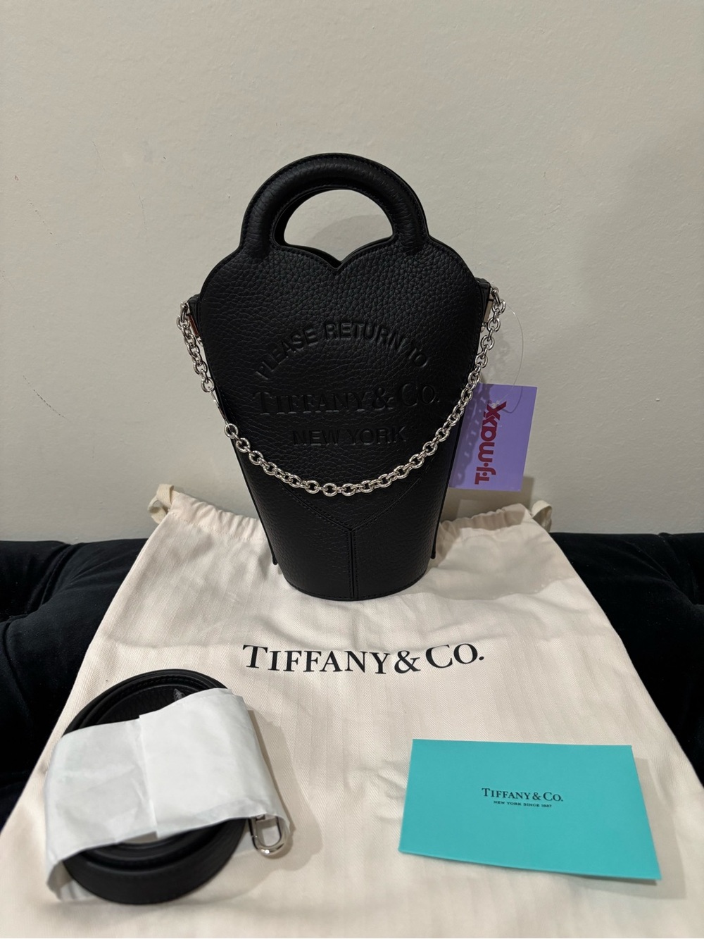 Authentic Tiffany & Co. Black Heart-Shaped Handbag with Chain